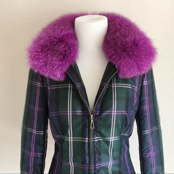 Escada Plaid Purple & Green Silk Fox Fur Trimmed Zip Jacket - Picture 2 of 8